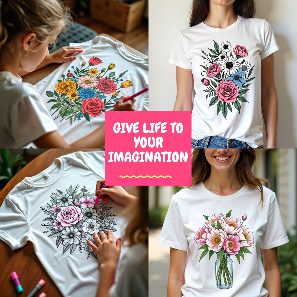 Women's T-shirt Coloring Kit with 10 Fabric Markers - Bouquet in Vase