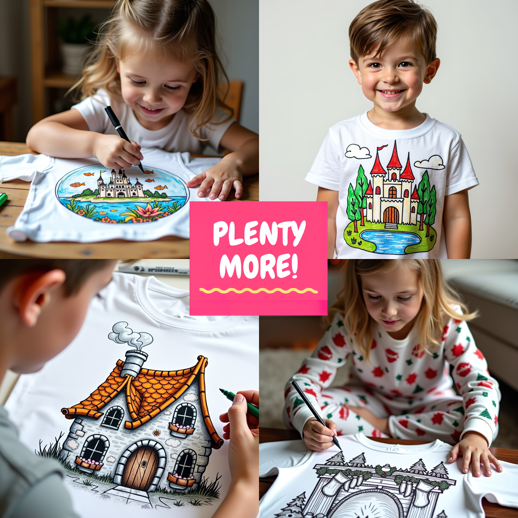 Kid's T-shirt Coloring Kit with 10 Fabric Markers - Castle and Telescope