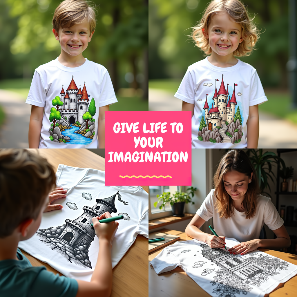 Unisex T-shirt Coloring Kit with 10 Fabric Markers - Castle and Telescope