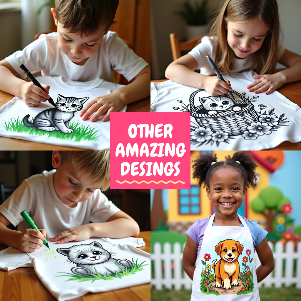 Kid's T-shirt Coloring Kit with 10 Fabric Markers - Cat in a Basket