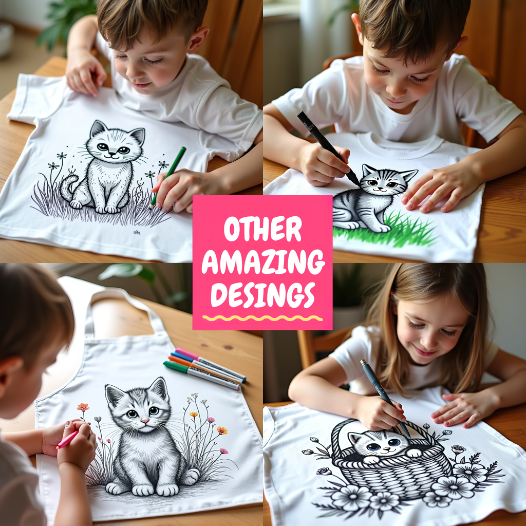 Kid's T-shirt Coloring Kit with 10 Fabric Markers - Kitten in a Flower Basket