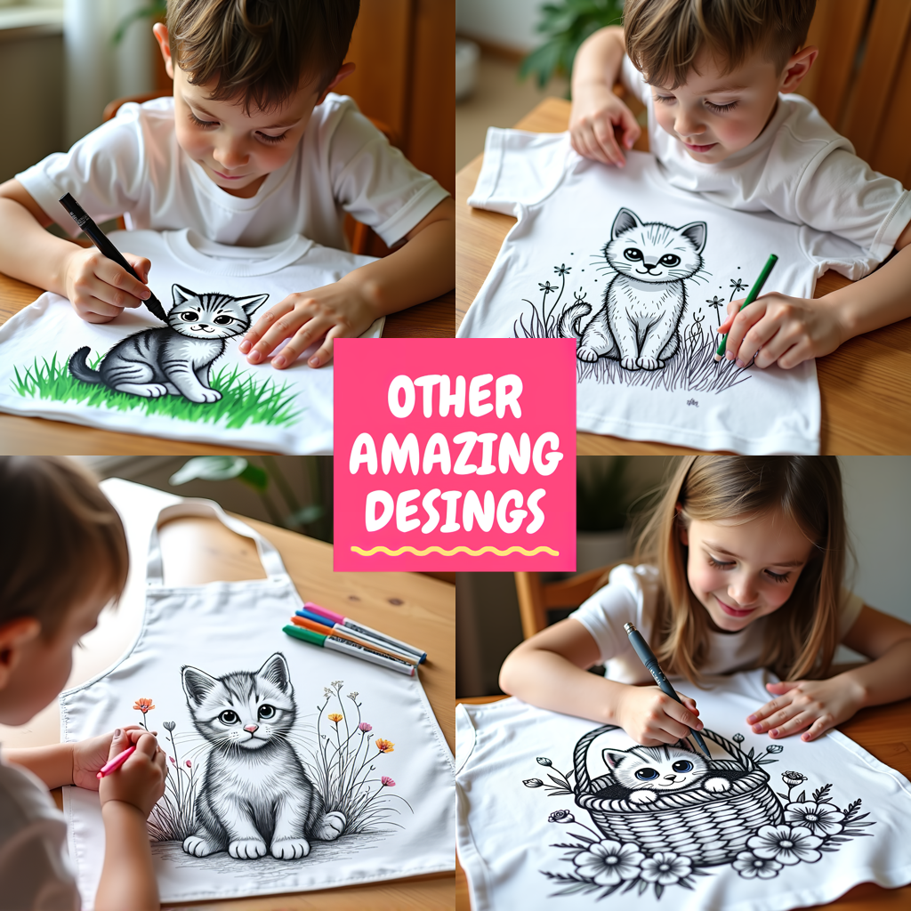 Unisex T-shirt Coloring Kit with 10 Fabric Markers - Kitten in a Flower Basket