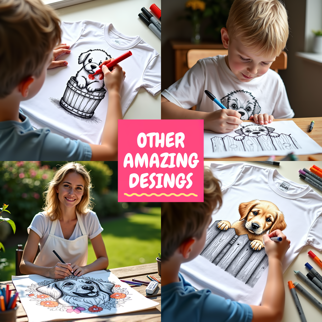 Kid's T-shirt Coloring Kit with 10 Fabric Markers - Dog with Flowers