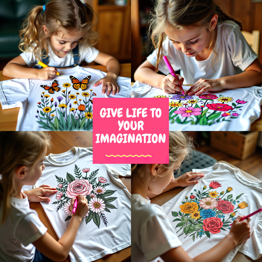 Kid's T-shirt Coloring Kit with 10 Fabric Markers - Butterflies on Flowers