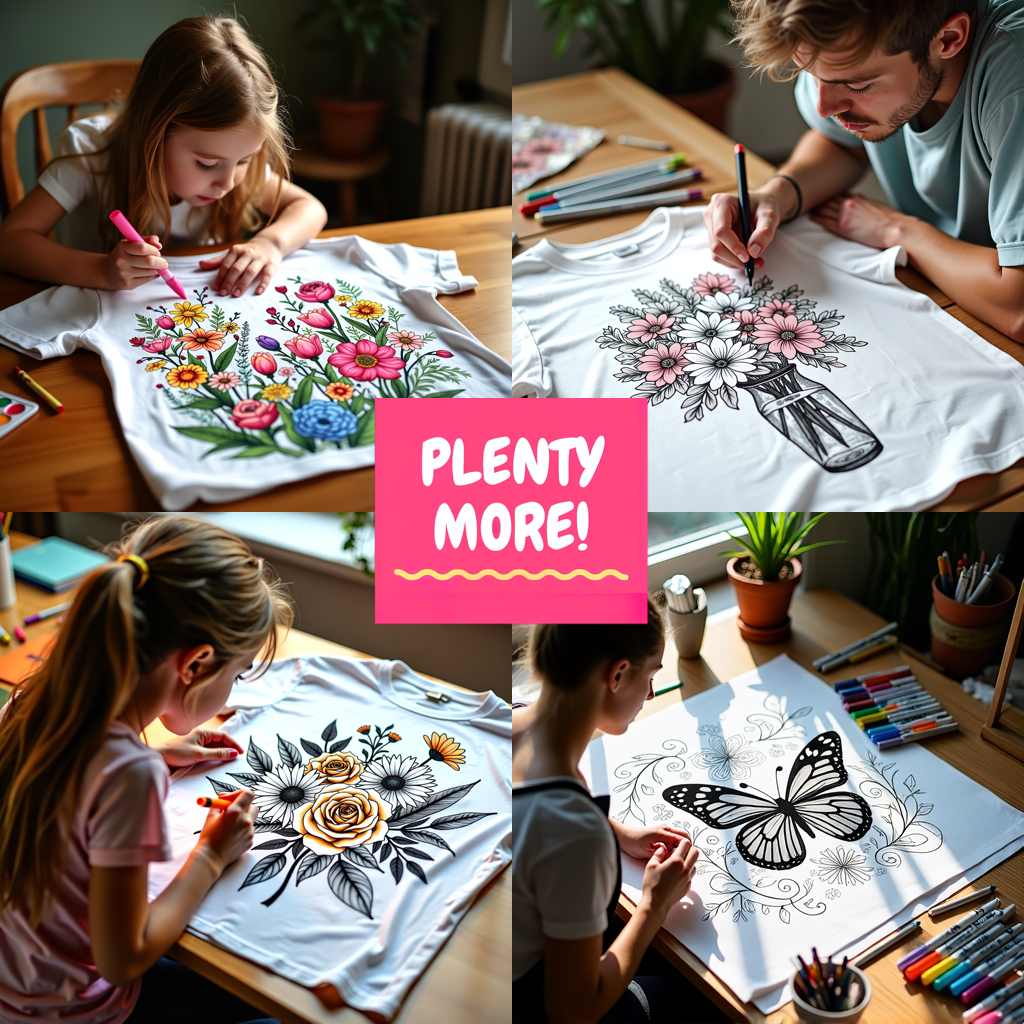 Unisex T-shirt Coloring Kit with 10 Fabric Markers - Butterflies on Flowers