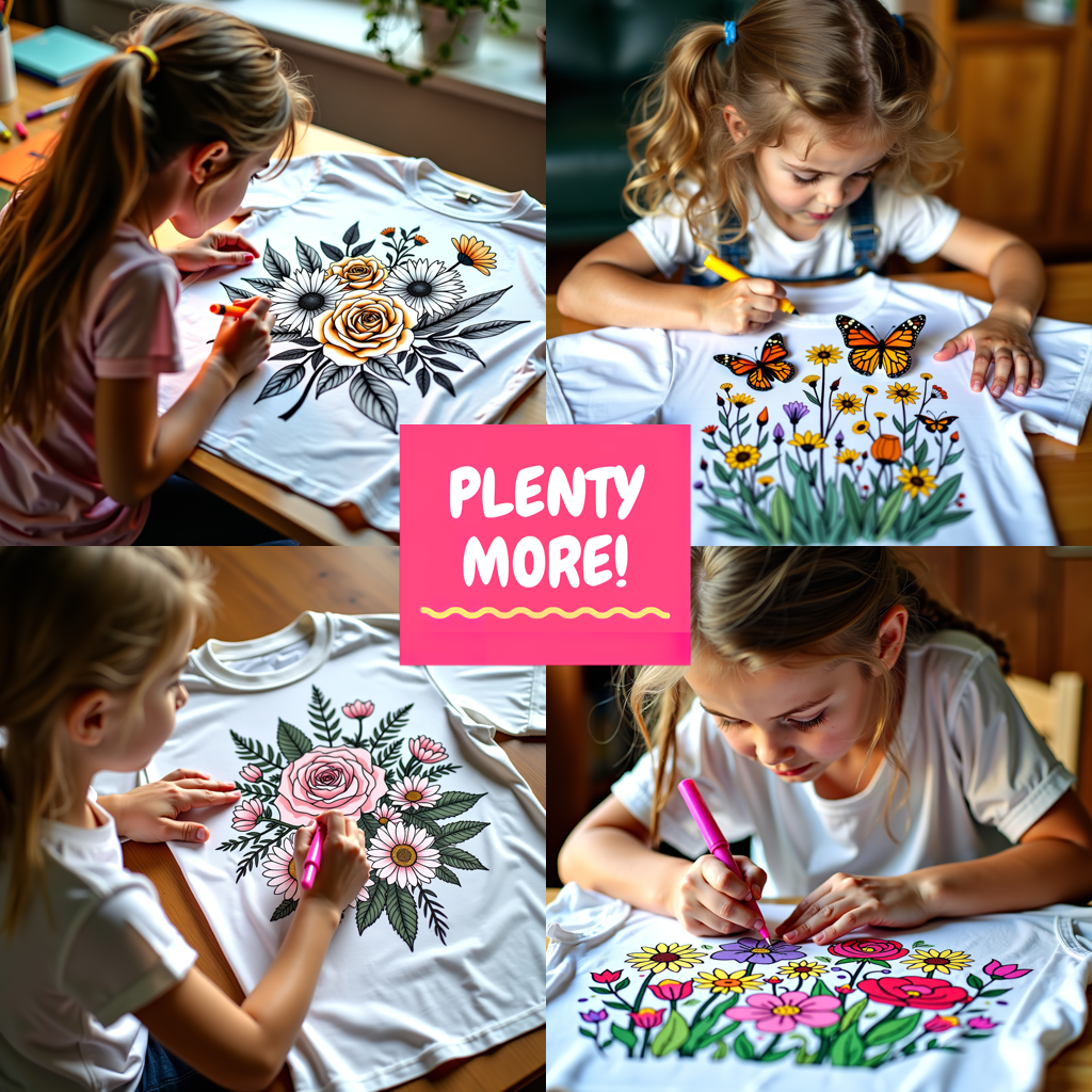 Kid's T-shirt Coloring Kit with 10 Fabric Markers - Roses in Vase