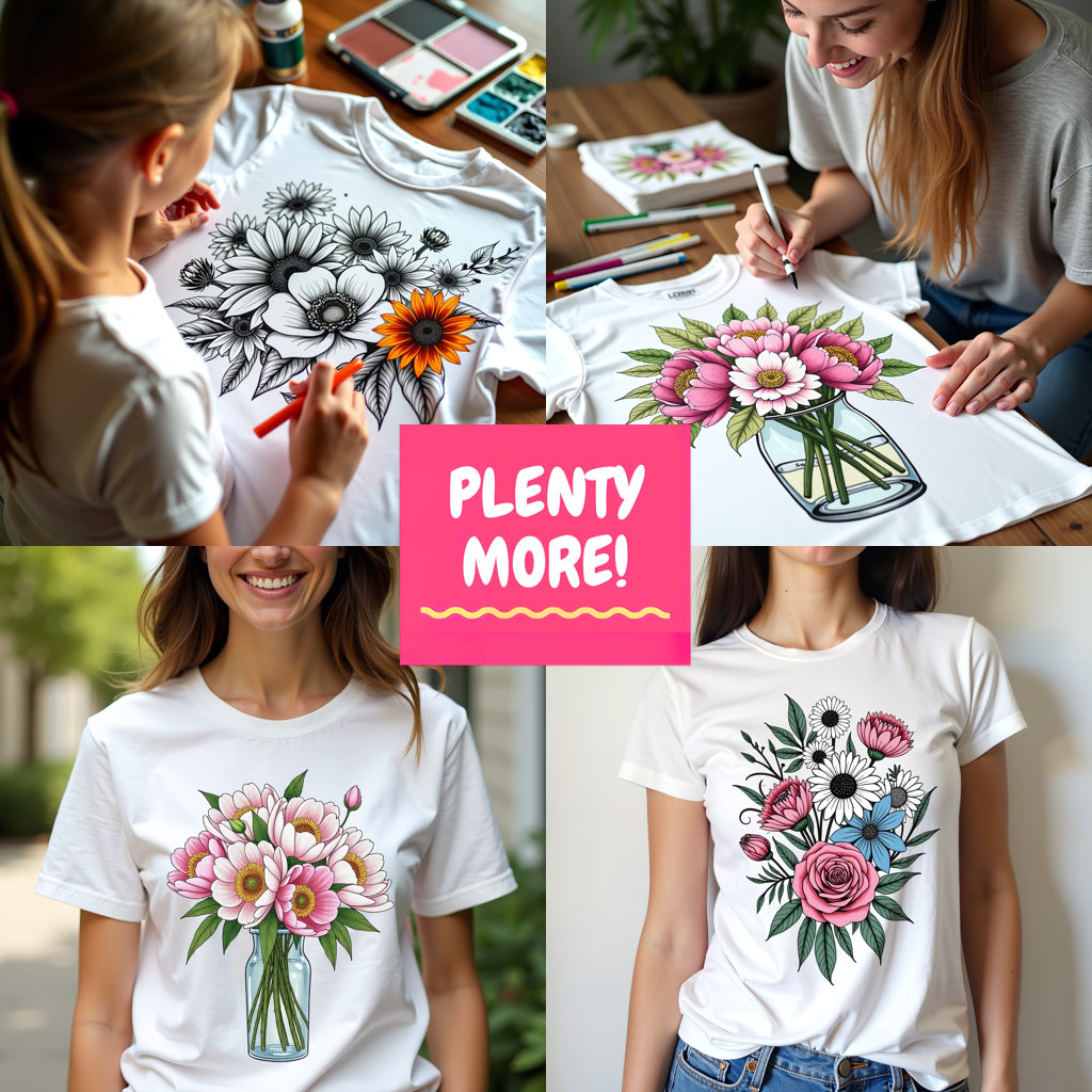 Women's T-shirt Coloring Kit with 10 Fabric Markers - Roses in Vase