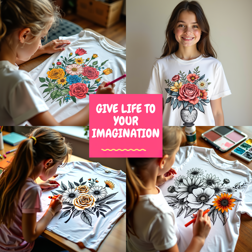 Kid's T-shirt Coloring Kit with 10 Fabric Markers - Bouquet in Vase