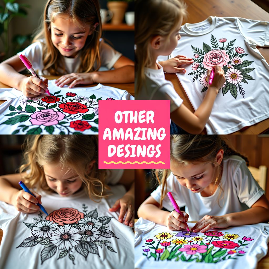 Kid's T-shirt Coloring Kit with 10 Fabric Markers - Floral Arrangement and Balloons