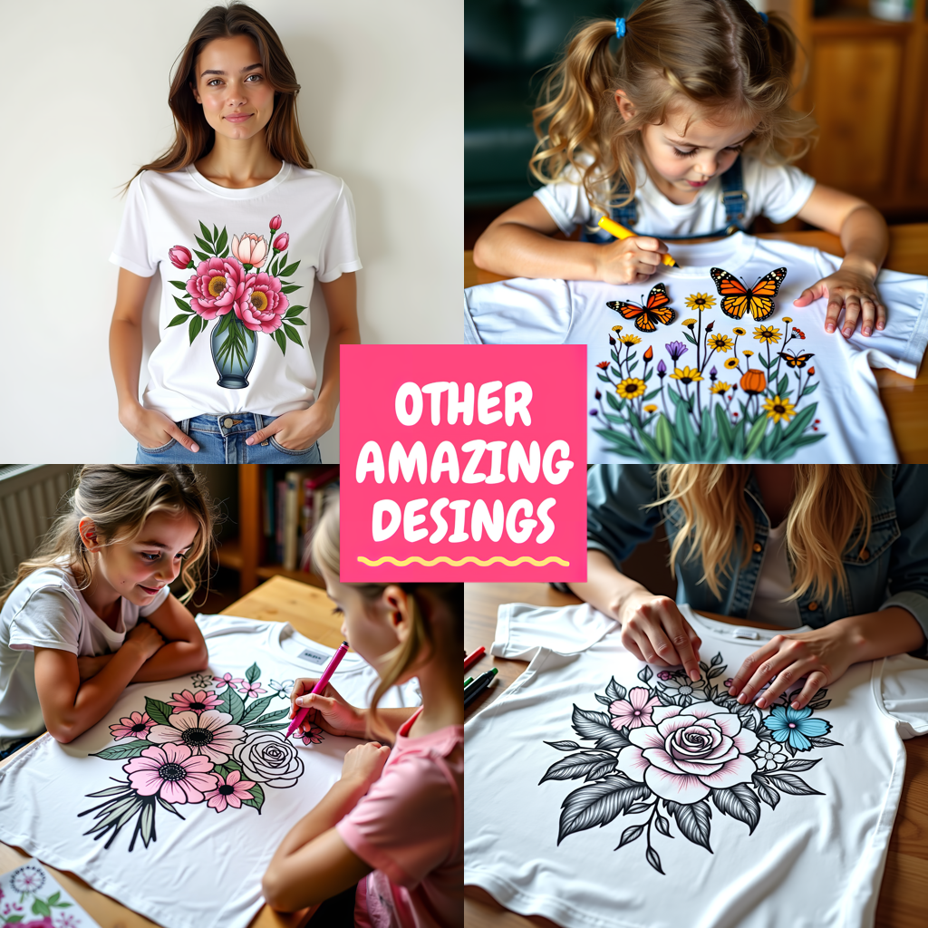 Unisex T-shirt Coloring Kit with 10 Fabric Markers - Floral Arrangement and Balloons