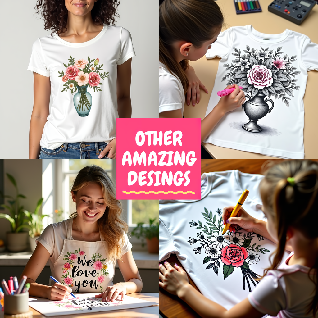 Women's T-shirt Coloring Kit with 10 Fabric Markers - Floral Arrangement and Balloons