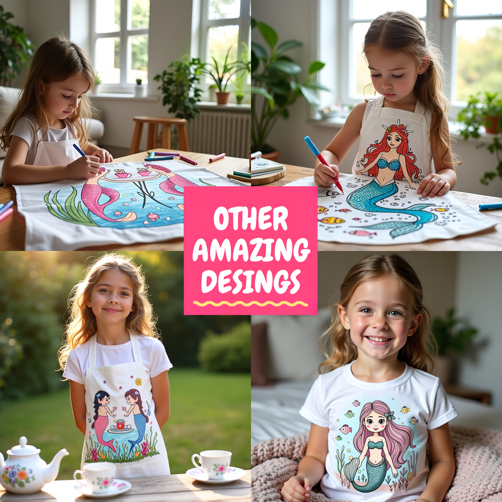 Apron Coloring Kit with 10 Fabric Markers - Mermaid with Floral Elements