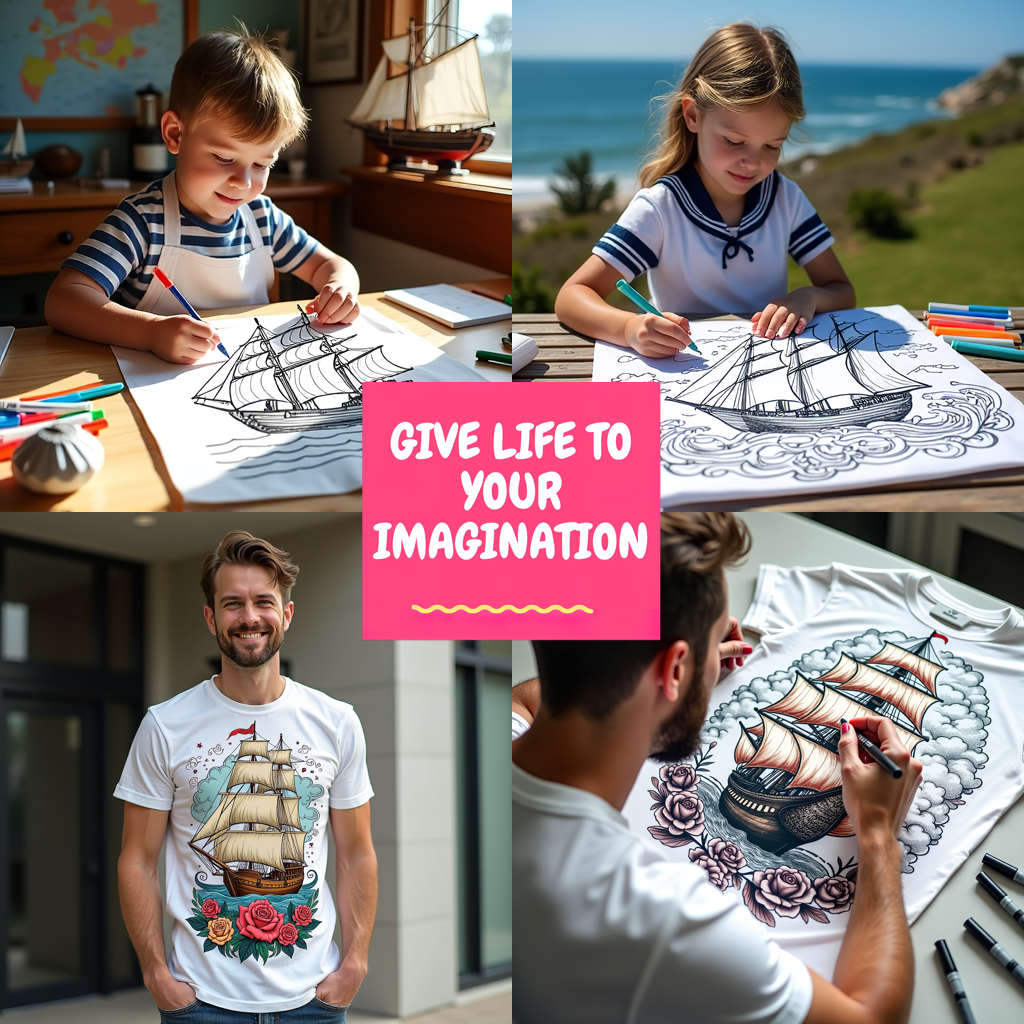 Kid's T-shirt Coloring Kit with 10 Fabric Markers - Sailing Ship