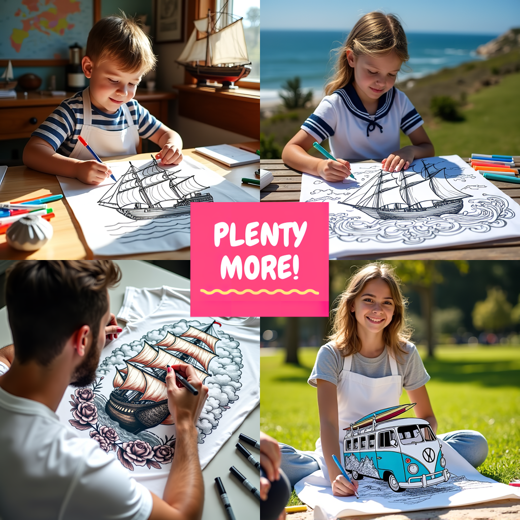 Kid's T-shirt Coloring Kit with 10 Fabric Markers - Sailing Ship