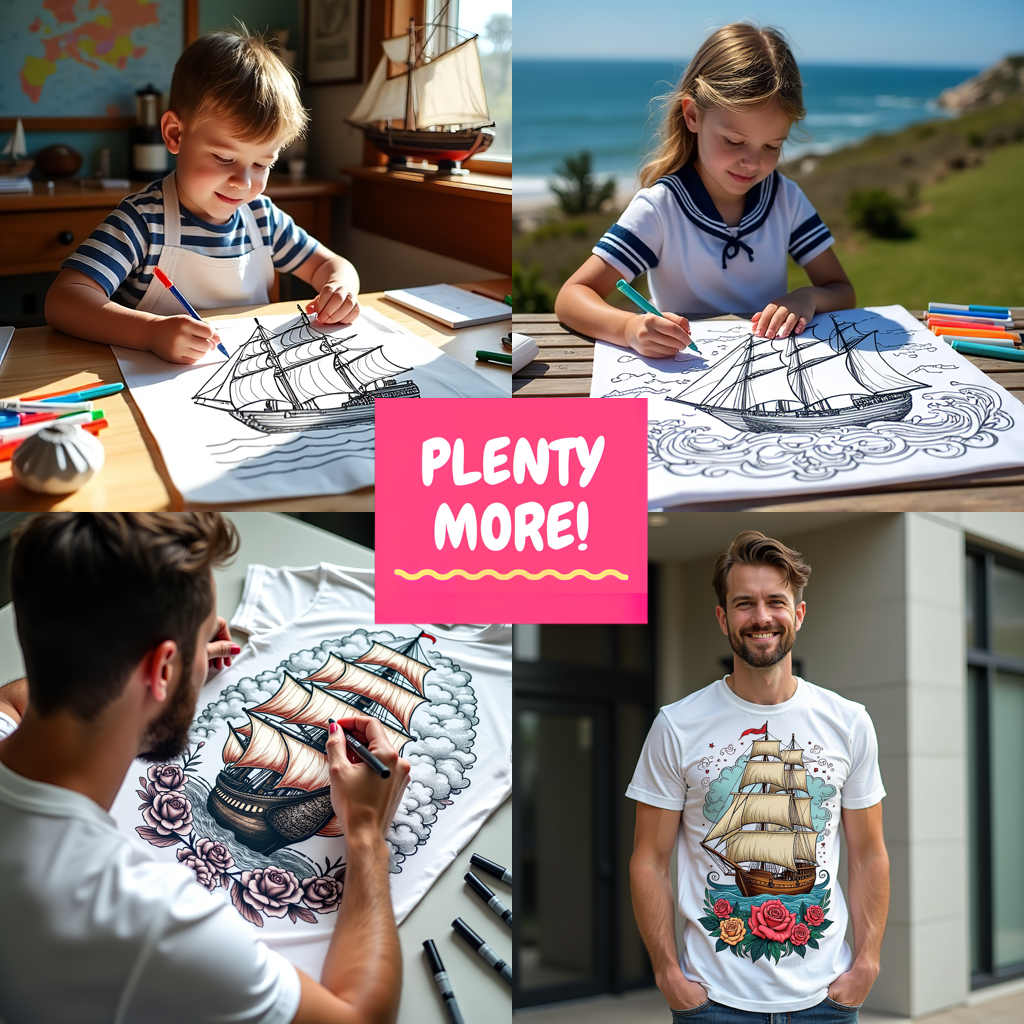 Kid's T-shirt Coloring Kit with 10 Fabric Markers - Sailing Ship