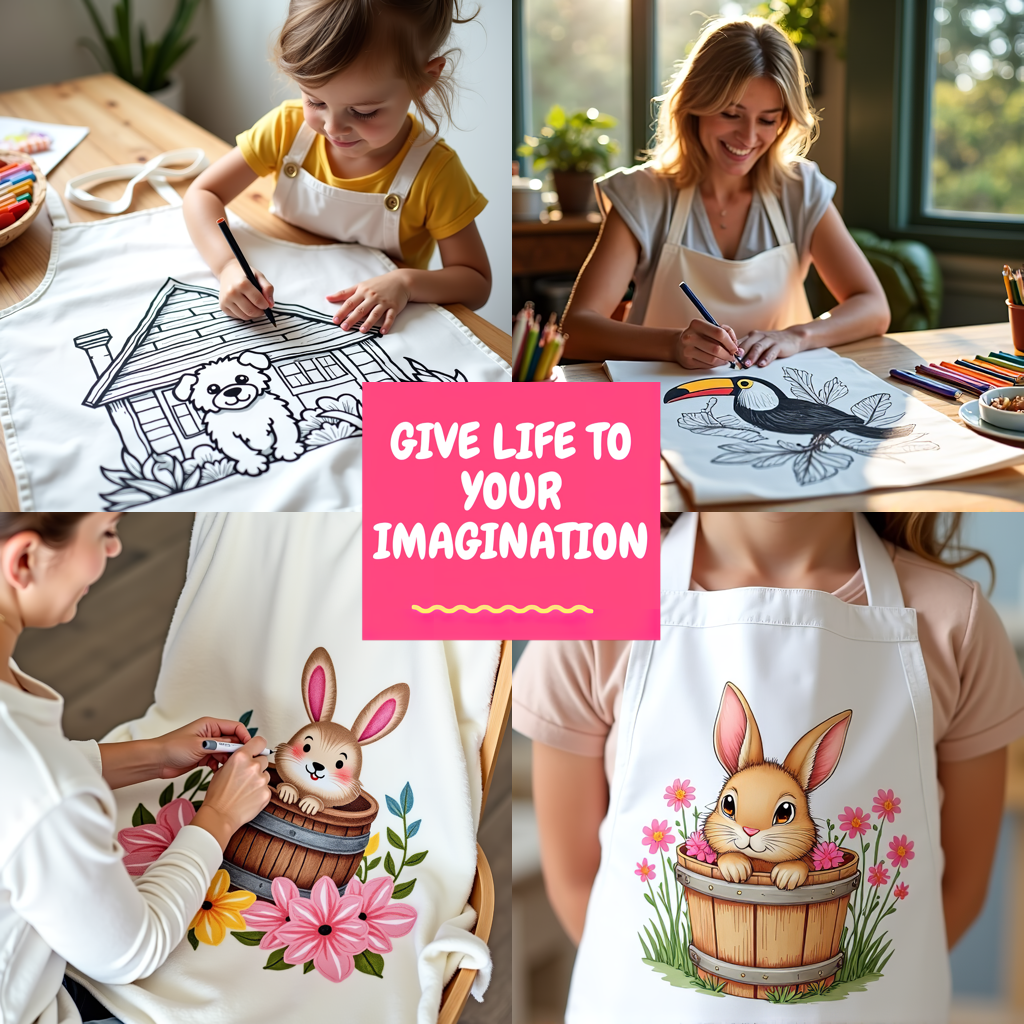 Apron Coloring Kit with 10 Fabric Markers - Rabbit and Flowers