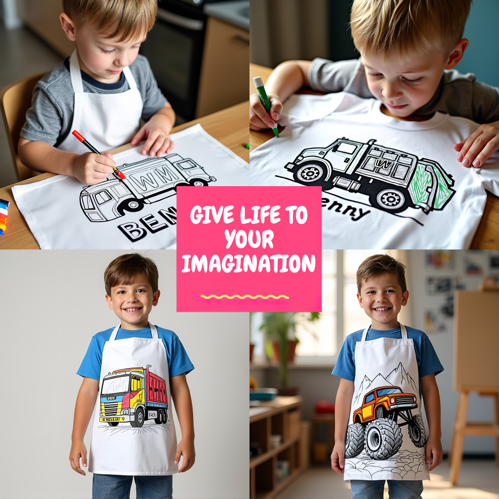 Apron Coloring Kit with 10 Fabric Markers - Garbage Truck