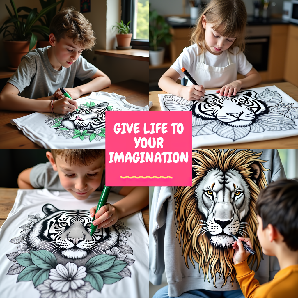 Kid's T-shirt Coloring Kit with 10 Fabric Markers - Tiger in Jungle