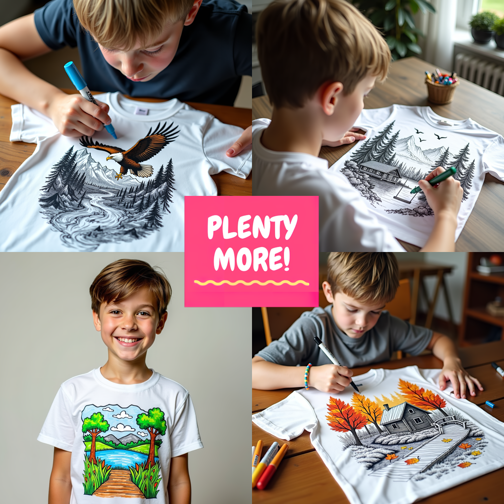 Kid's T-shirt Coloring Kit with 10 Fabric Markers - Mountain Landscape with House