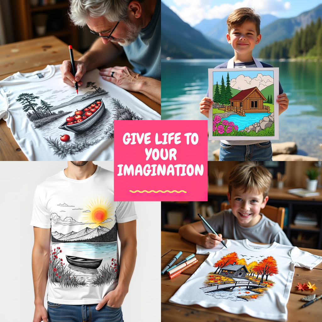 Unisex T-shirt Coloring Kit with 10 Fabric Markers - Mountain Landscape with House