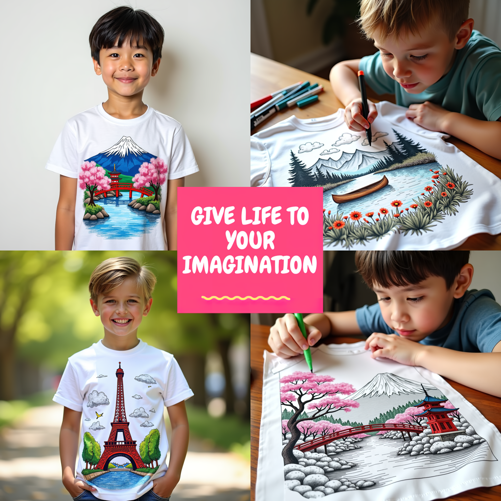 Kid's T-shirt Coloring Kit with 10 Fabric Markers - Japanese Garden