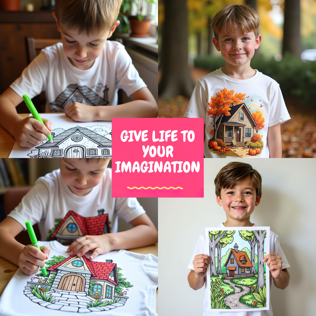 Kid's T-shirt Coloring Kit with 10 Fabric Markers - Mountain Village Houses