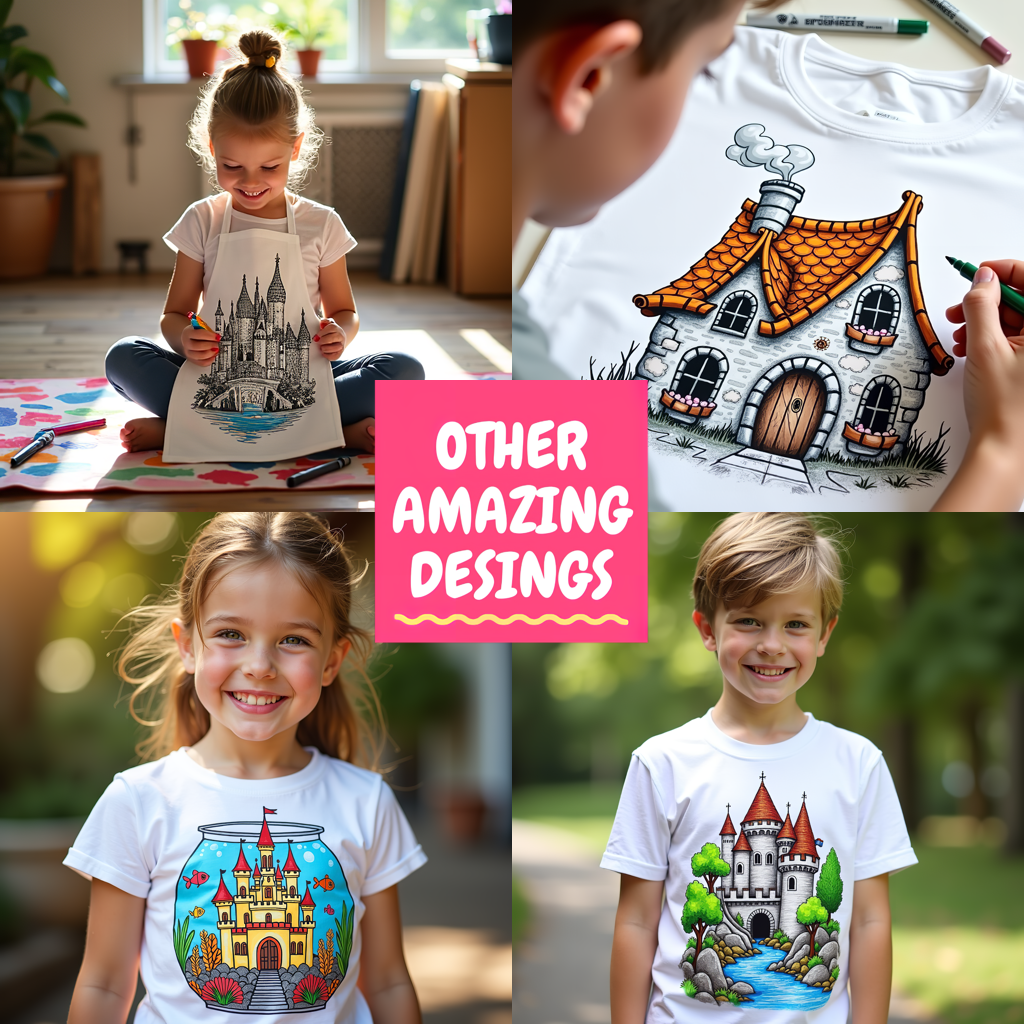 Kid's T-shirt Coloring Kit with 10 Fabric Markers - Fantasical Library Castle