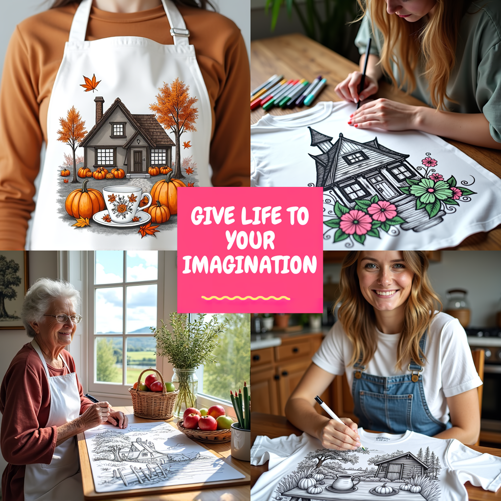 Apron Coloring Kit with 10 Fabric Markers - Interior Scene