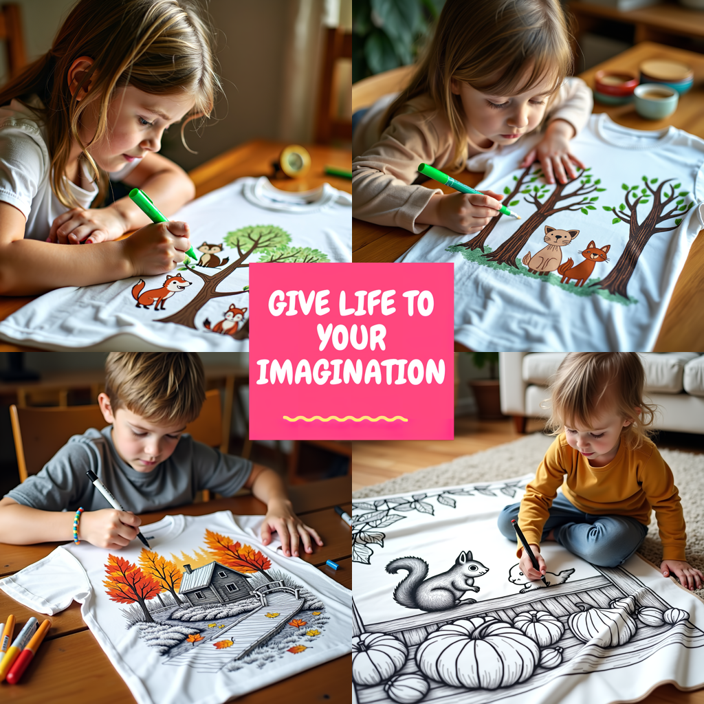 Kid's T-shirt Coloring Kit with 10 Fabric Markers - Mountain Scenery with Cabin