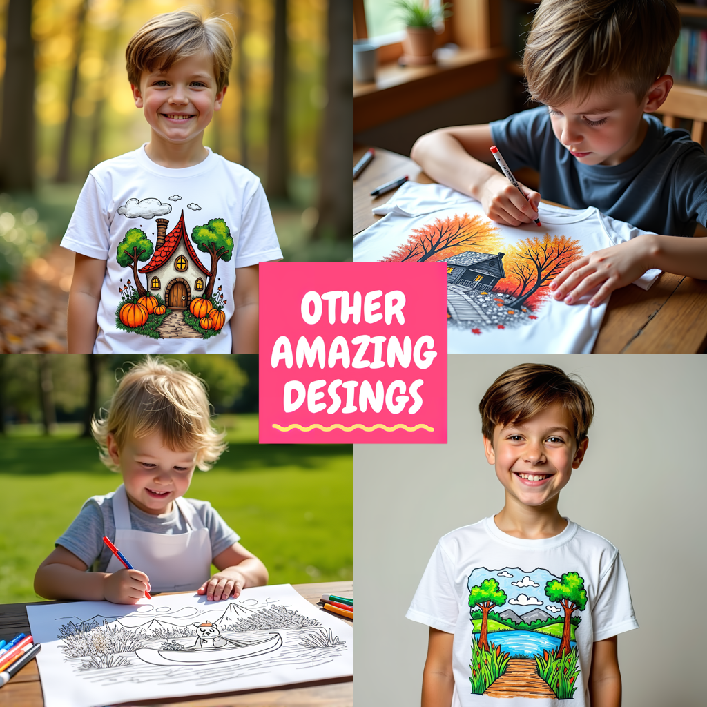 Kid's T-shirt Coloring Kit with 10 Fabric Markers - Lakeside Scenery