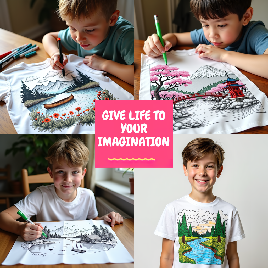 Kid's T-shirt Coloring Kit with 10 Fabric Markers - Mountain Scenery