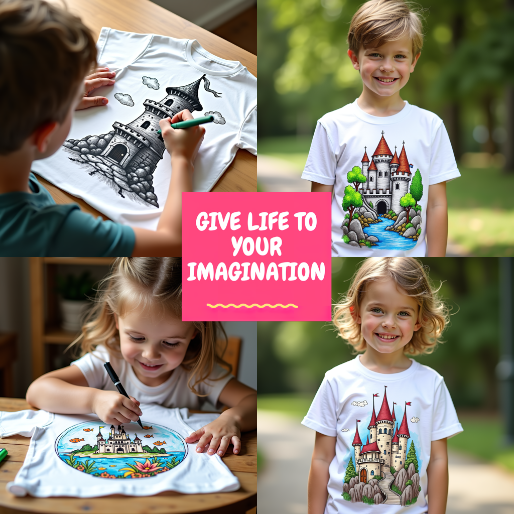 Kid's T-shirt Coloring Kit with 10 Fabric Markers - Fantasy Castle