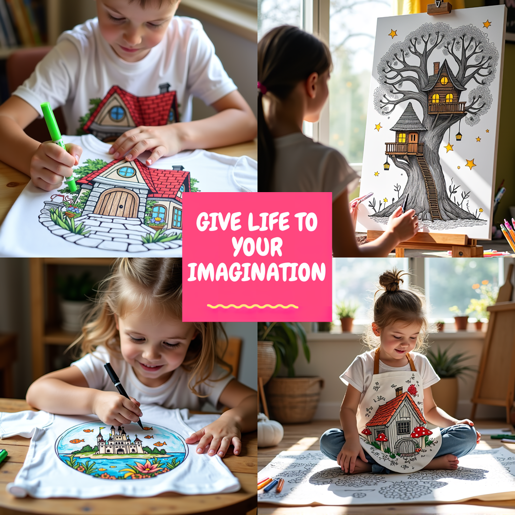 Kid's T-shirt Coloring Kit with 10 Fabric Markers - Interior Scene