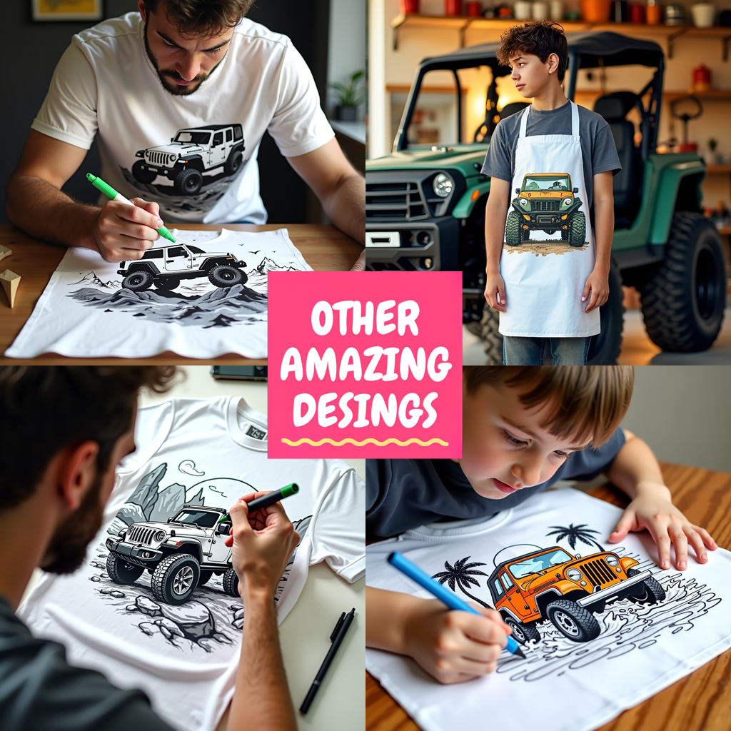 Apron Coloring Kit with 10 Fabric Markers - Jeep on Beach