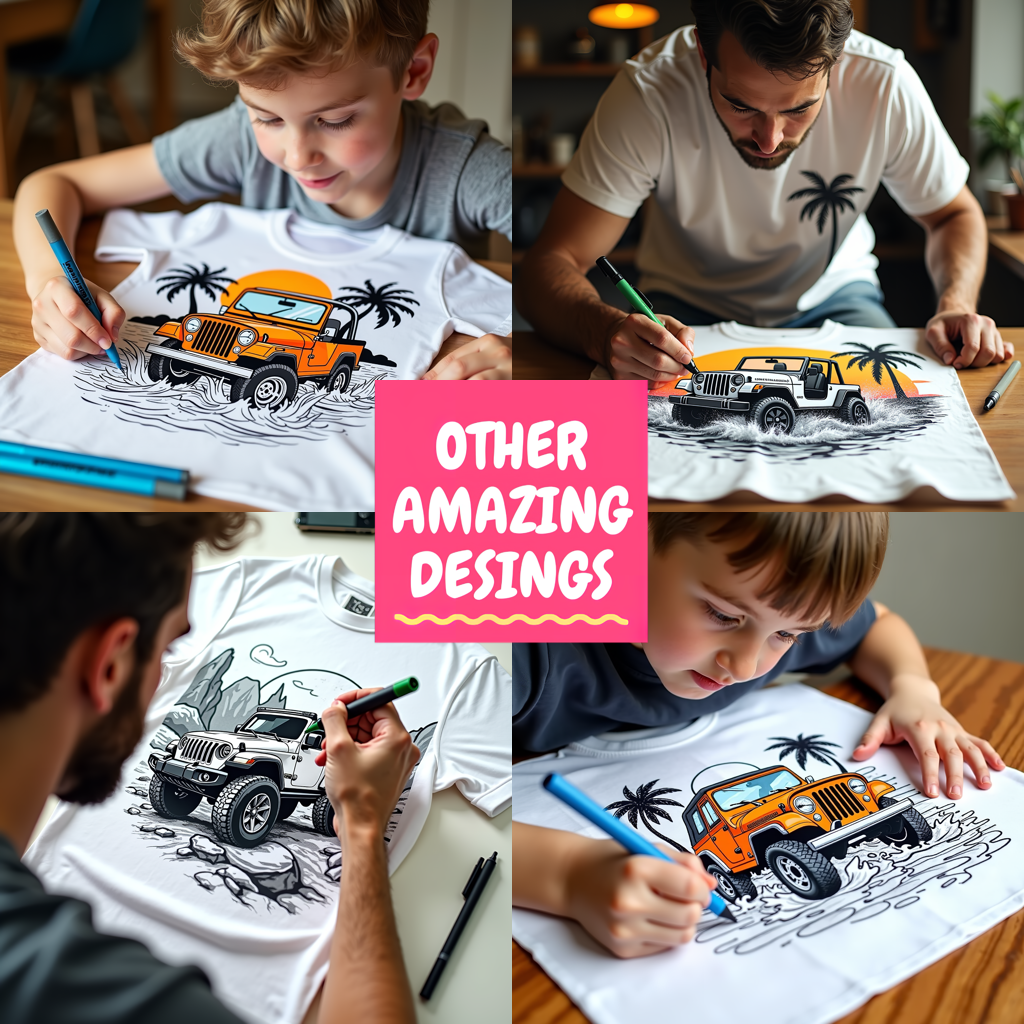 Unisex T-shirt Coloring Kit with 10 Fabric Markers - Jeep on Beach