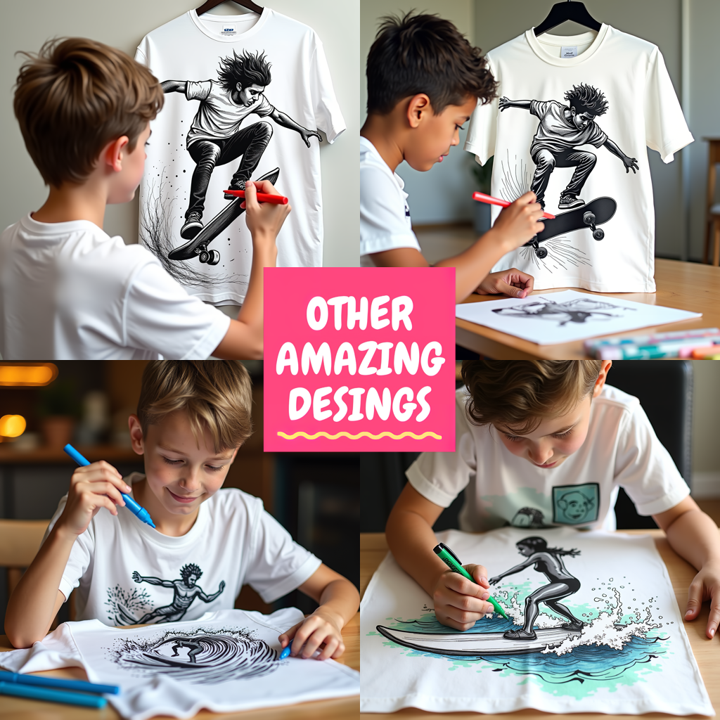 Kid's T-shirt Coloring Kit with 10 Fabric Markers - Skateboarding