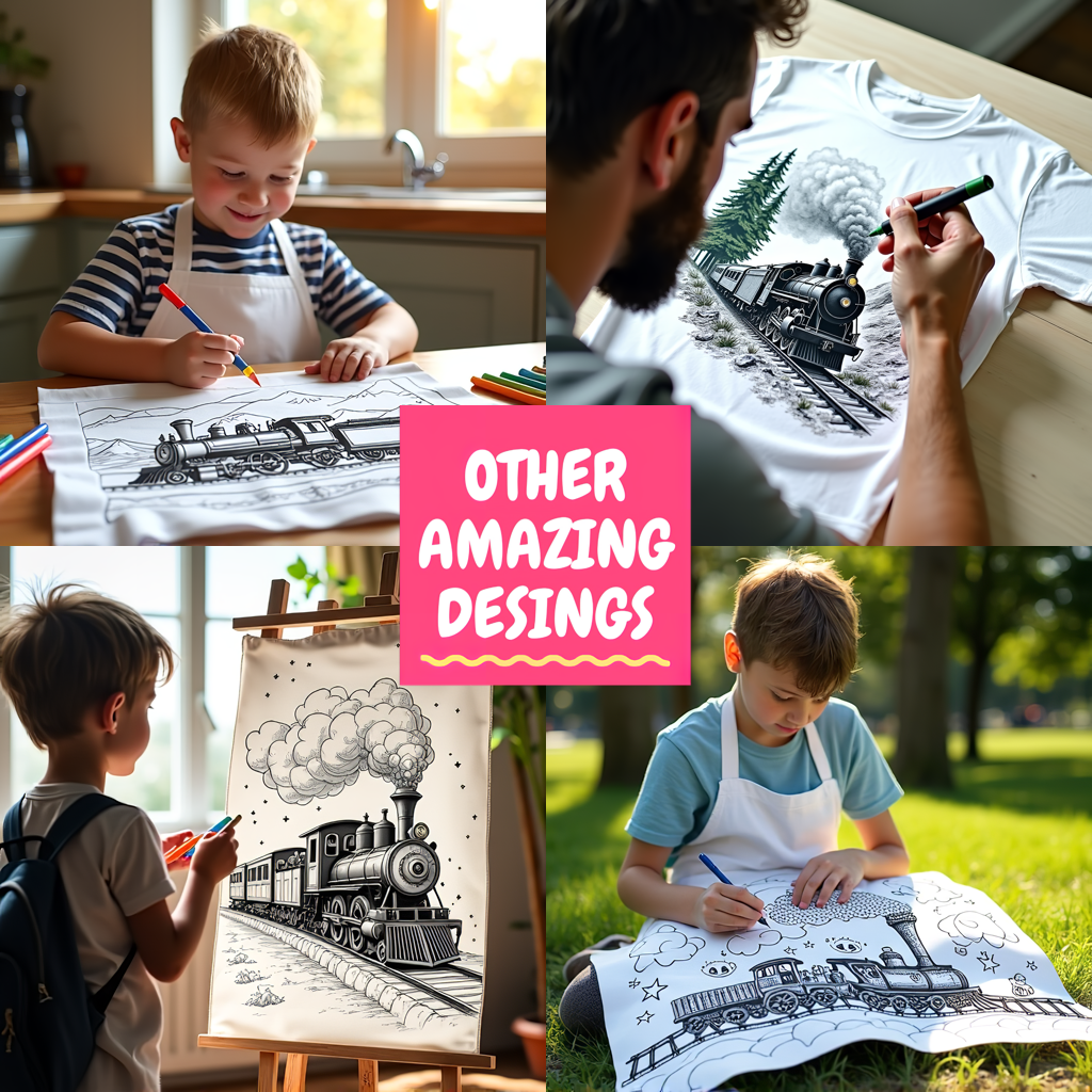 Kid's T-shirt Coloring Kit with 10 Fabric Markers - Steam Train