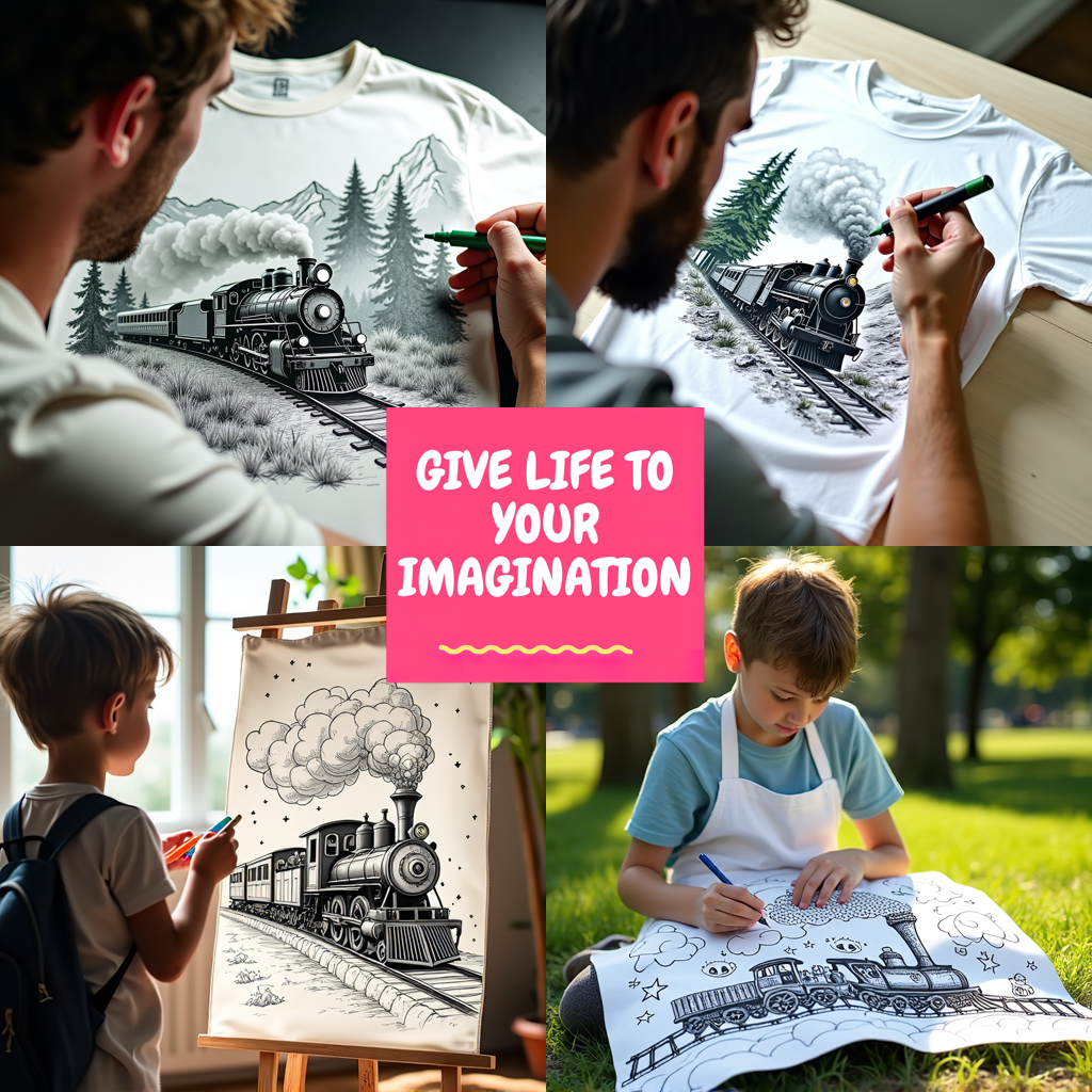 Adult Sweatshirt Coloring Kit with 10 Fabric Markers - Steam Train with Mountains