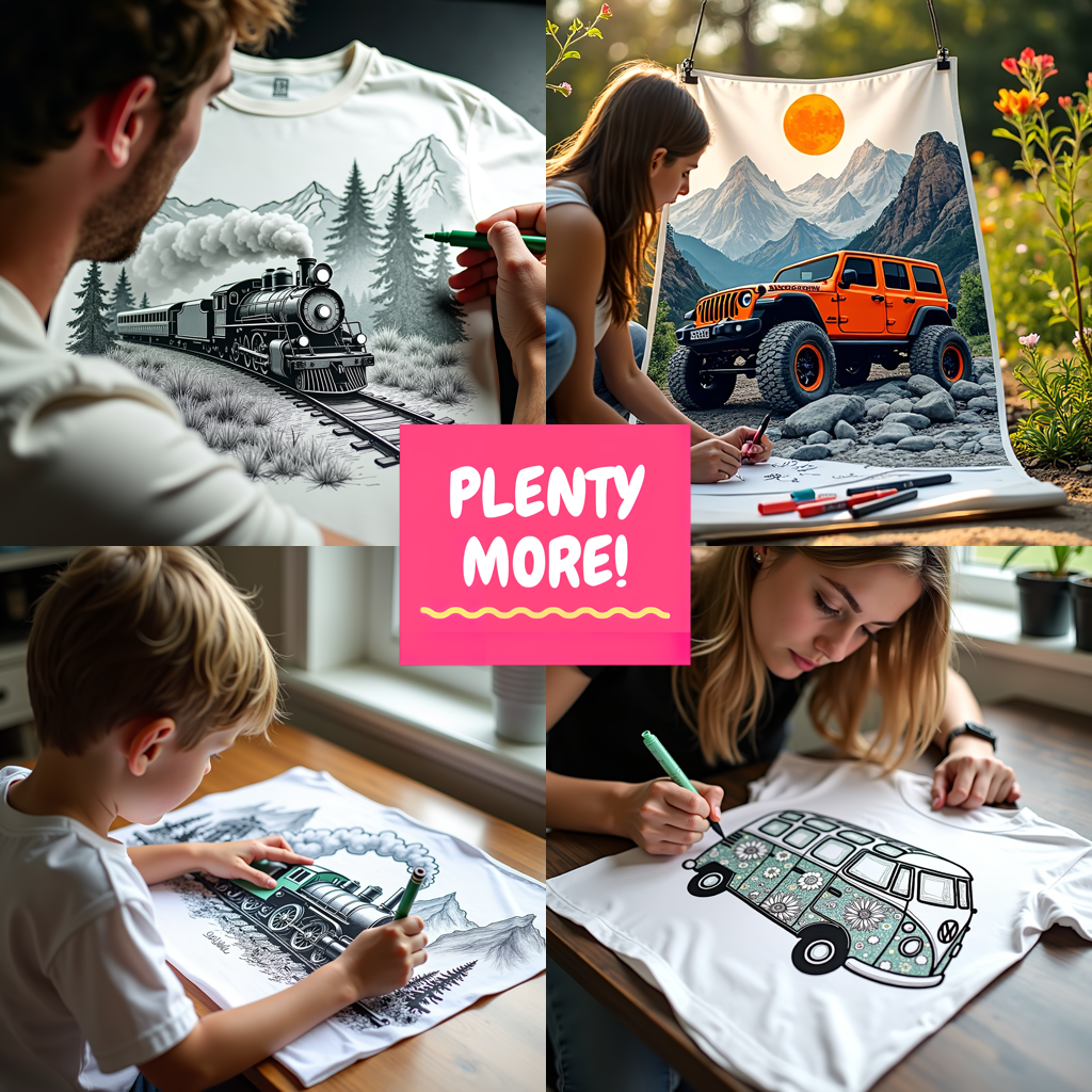 Women's T-shirt Coloring Kit with 10 Fabric Markers - Steam Train with Mountains