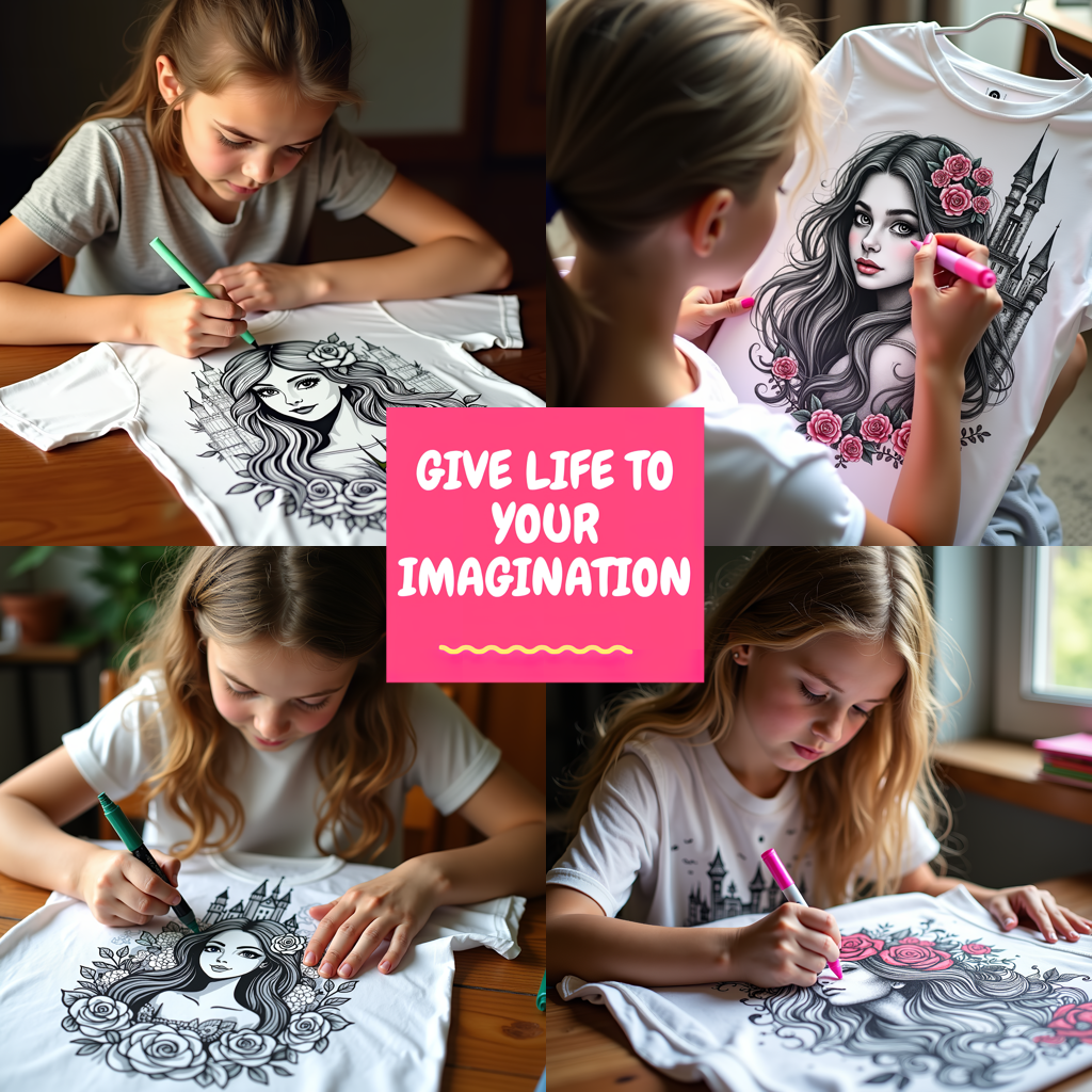 Kid's T-shirt Coloring Kit with 10 Fabric Markers - Elegant Princess in Castle