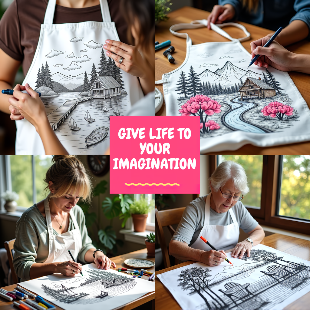 Apron Coloring Kit with 10 Fabric Markers - Mountain Lake with Dog