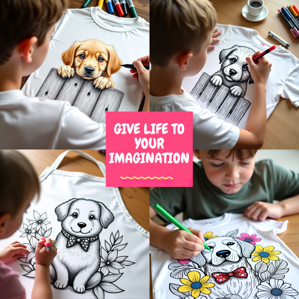 Kid's T-shirt Coloring Kit with 10 Fabric Markers - Dog in Flowers