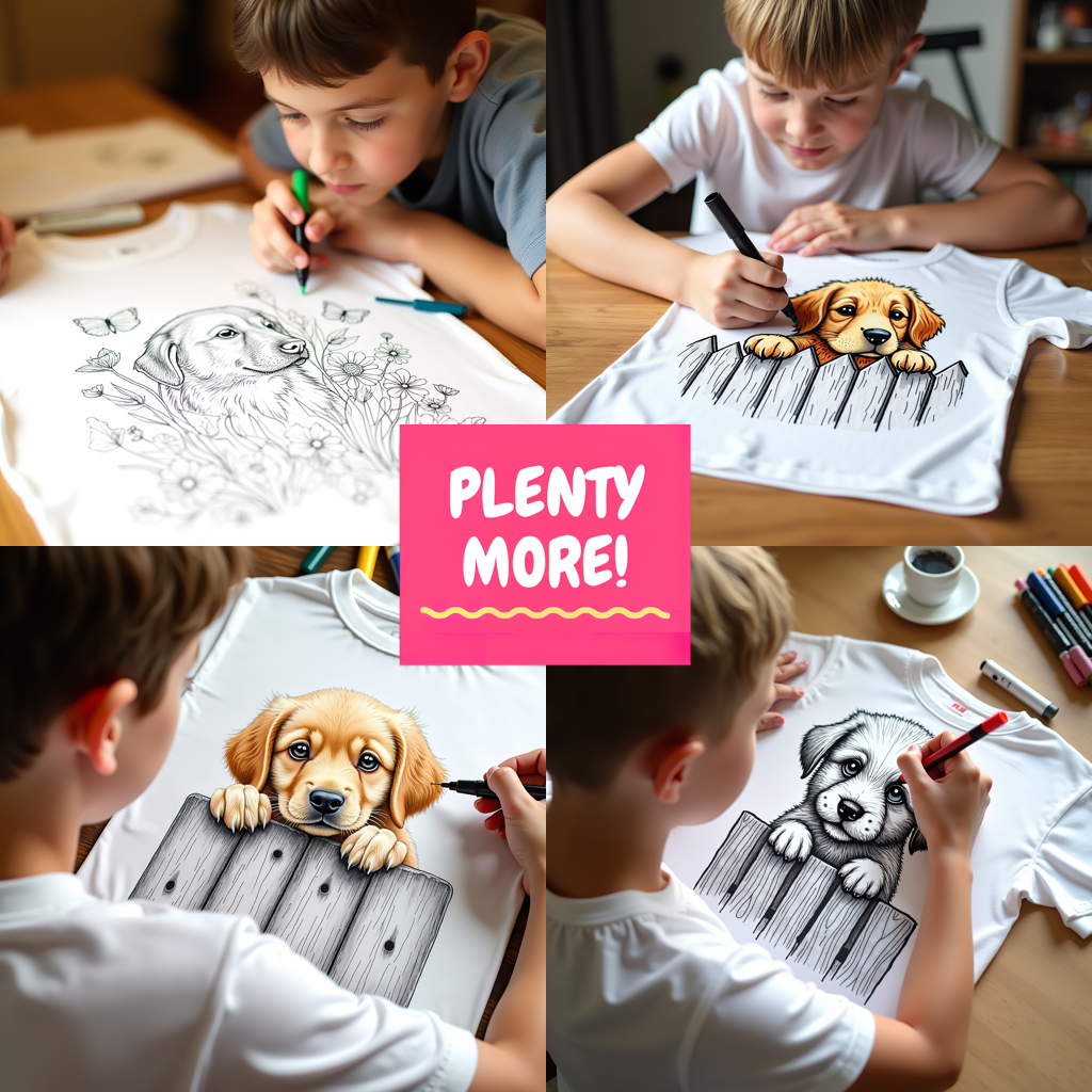 Kid's T-shirt Coloring Kit with 10 Fabric Markers - Puppy in Garden