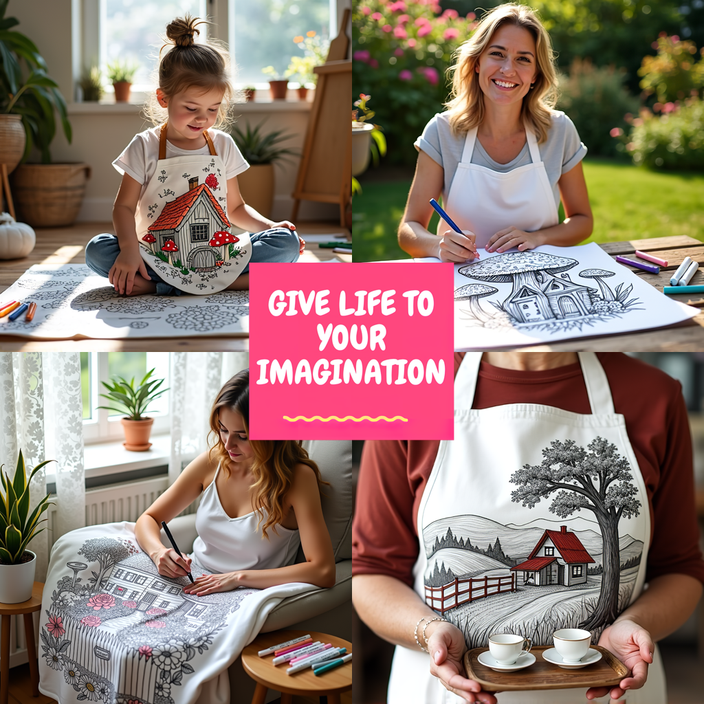 Apron Coloring Kit with 10 Fabric Markers - Mushroom House