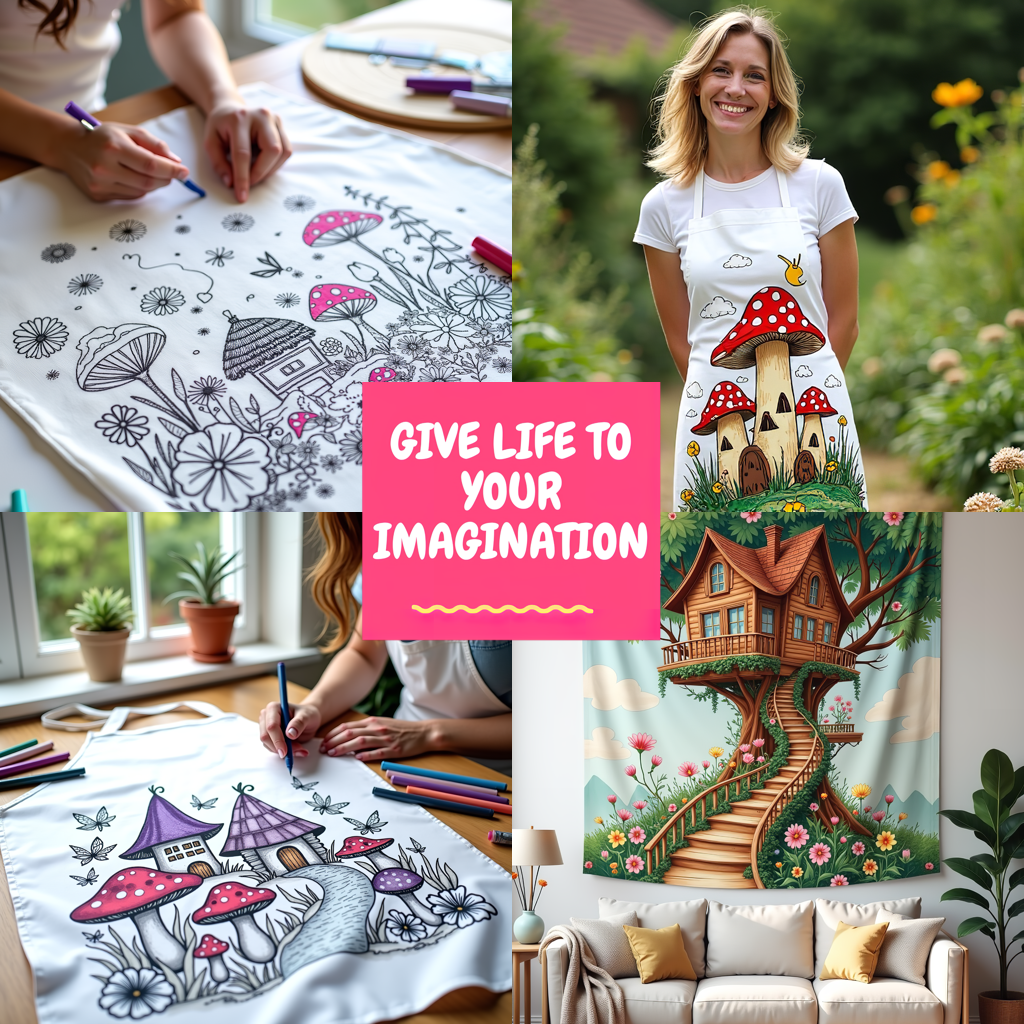 Apron Coloring Kit with 10 Fabric Markers - Mushroom House