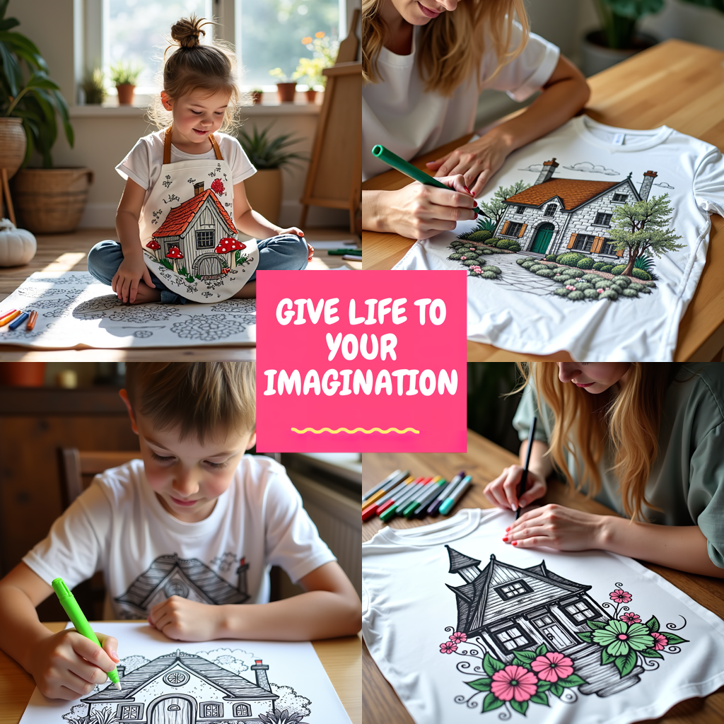 Kid's T-shirt Coloring Kit with 10 Fabric Markers - Mushroom House