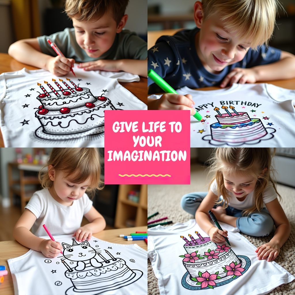 Kid's T-shirt Coloring Kit with 10 Fabric Markers - Birthday Cake