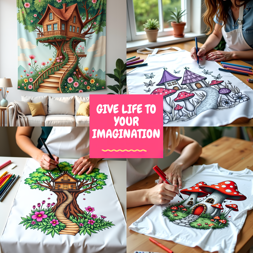 Indoor Wall Tapestries Coloring Kit with 10 Fabric Markers - Mushroom Houses