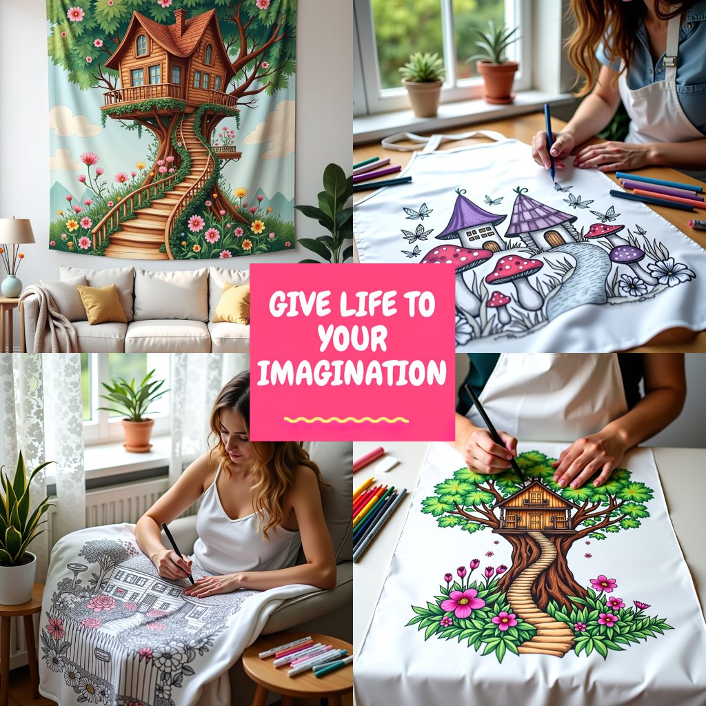 Blanket Coloring Kit with 10 Fabric Markers - Mushroom Houses