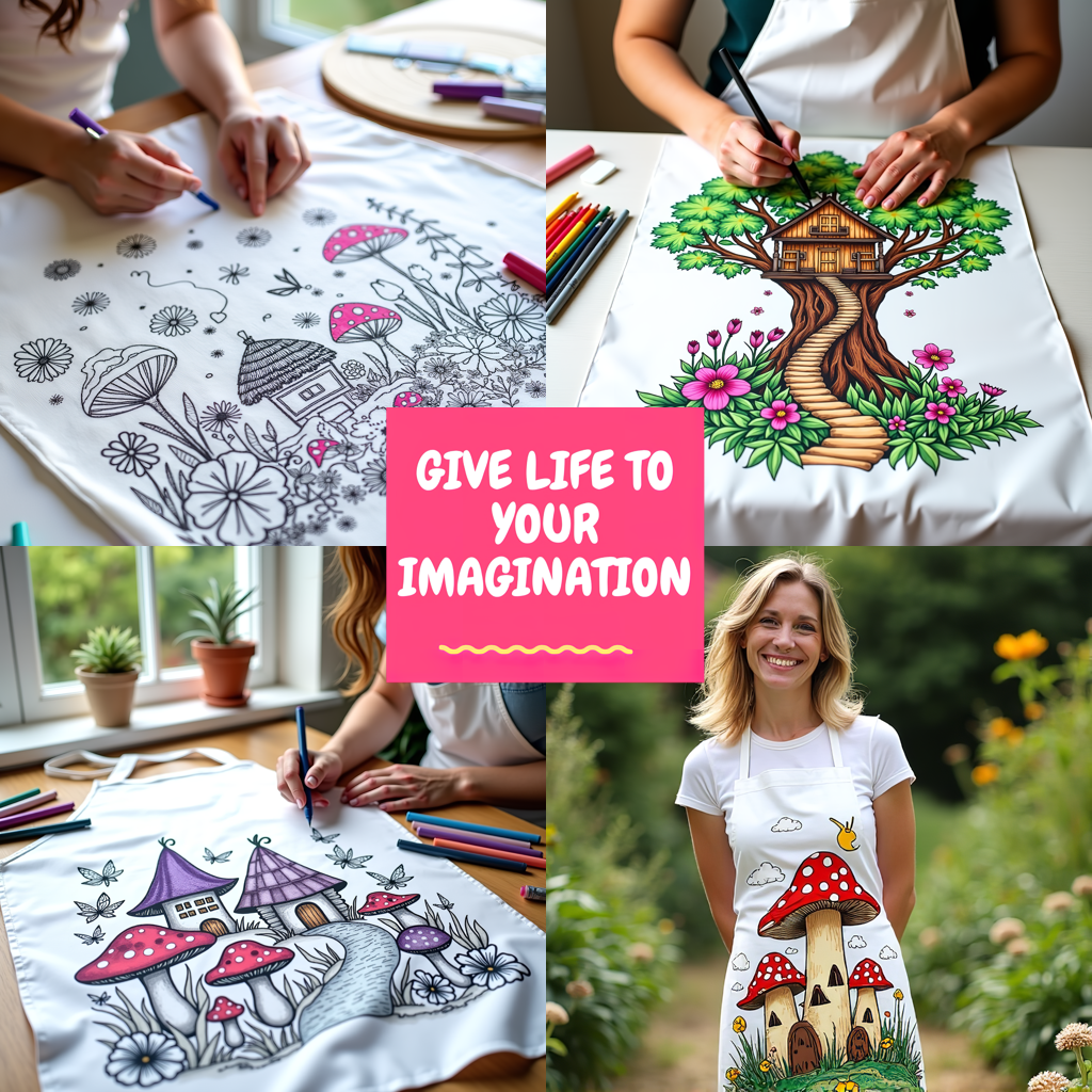 Apron Coloring Kit with 10 Fabric Markers - Mushroom House